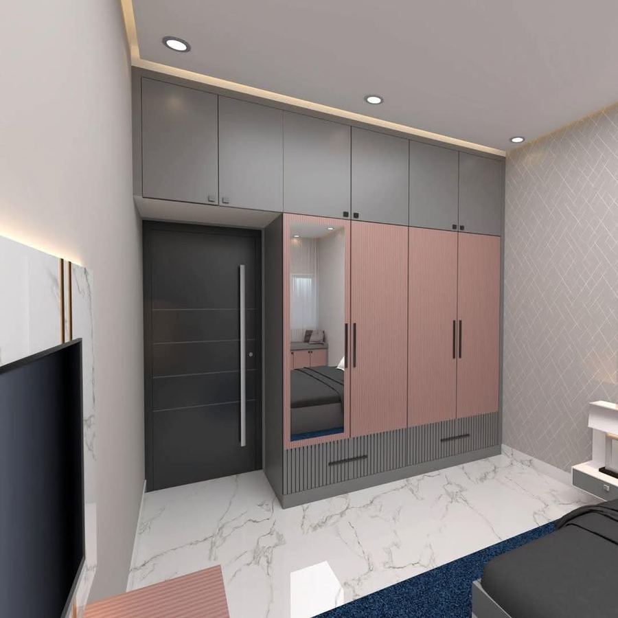 Grey and blush bedroom wardrobe with mirror and TV panel