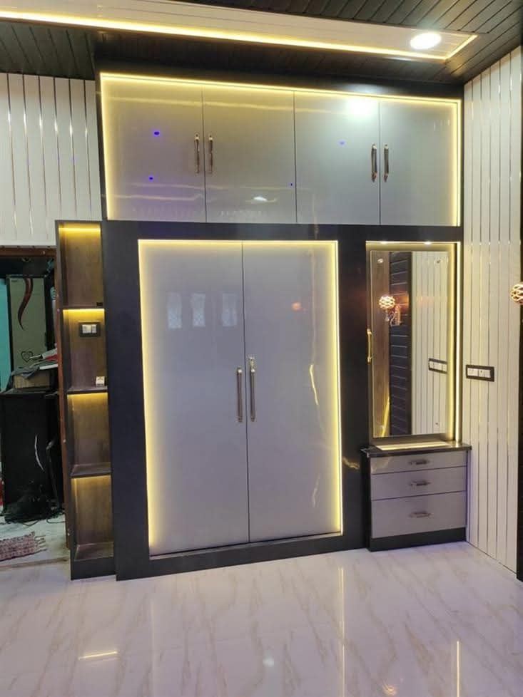 Frosted glass panel storage unit with accent lighting