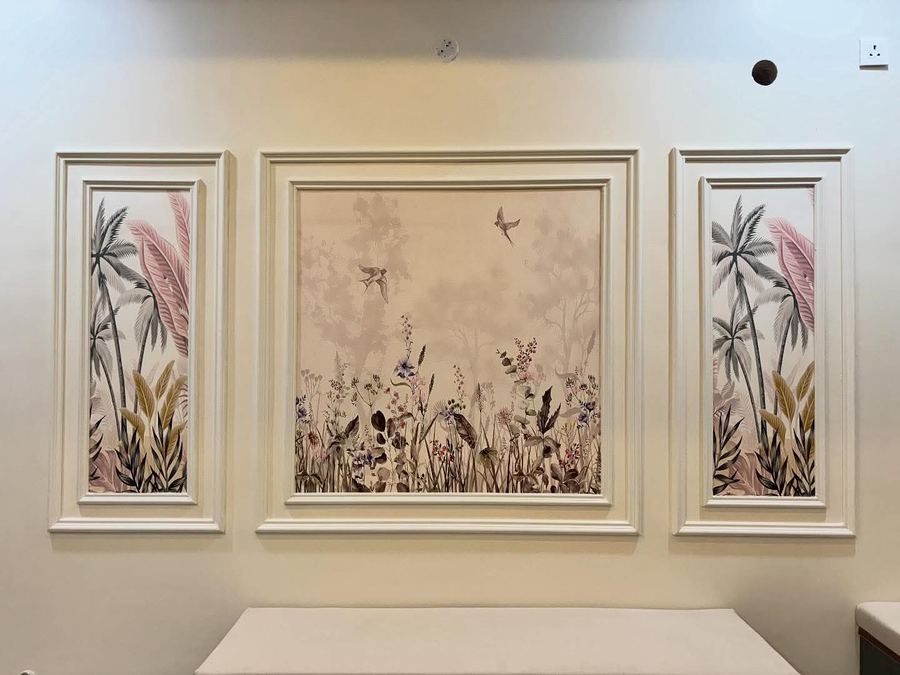Floral triptych wall art panels with cove lighting